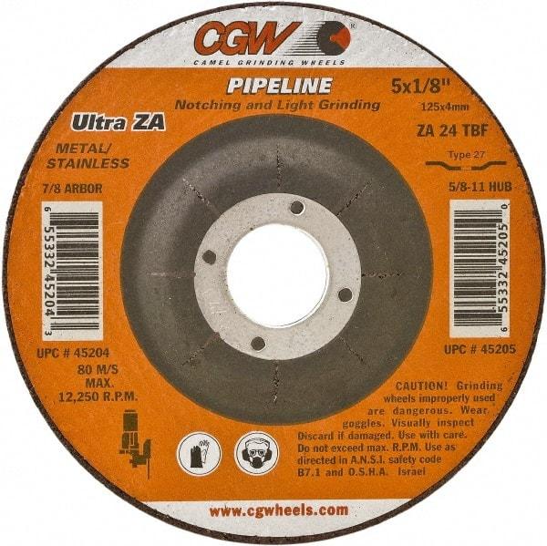 Camel Grinding Wheels - 24 Grit, 4-1/2" Wheel Diam, 1/8" Wheel Thickness, 7/8" Arbor Hole, Type 27 Depressed Center Wheel - Coarse Grade, Zirconia Alumina, Resinoid Bond, 13,300 Max RPM - USA Tool & Supply