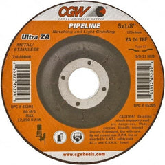 Camel Grinding Wheels - 24 Grit, 4-1/2" Wheel Diam, 1/8" Wheel Thickness, 7/8" Arbor Hole, Type 27 Depressed Center Wheel - Coarse Grade, Zirconia Alumina, Resinoid Bond, 13,300 Max RPM - USA Tool & Supply