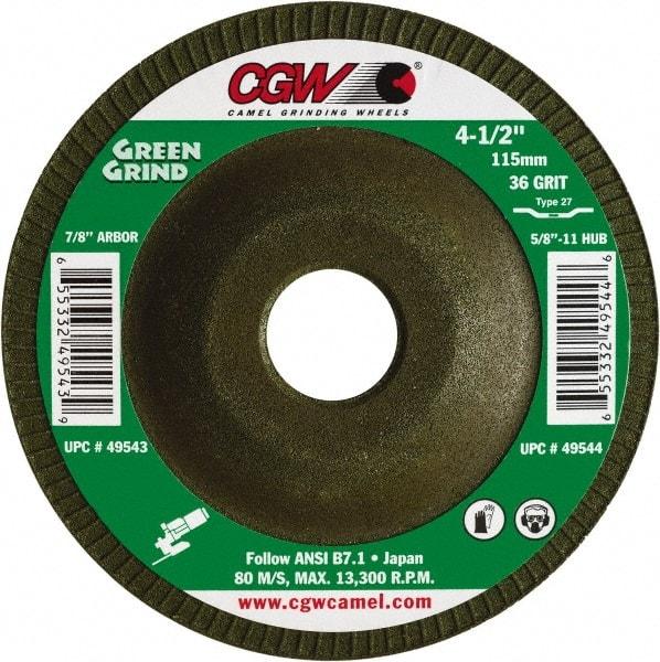 Camel Grinding Wheels - 36 Grit, 5" Wheel Diam, 5/32" Wheel Thickness, 7/8" Arbor Hole, Type 27 Depressed Center Wheel - Medium Grade, Zirconia Alumina, Resinoid Bond, 12,250 Max RPM - USA Tool & Supply