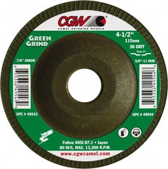 Camel Grinding Wheels - 36 Grit, 7" Wheel Diam, 5/32" Wheel Thickness, 7/8" Arbor Hole, Type 27 Depressed Center Wheel - Medium Grade, Zirconia Alumina, Resinoid Bond, 8,600 Max RPM - USA Tool & Supply