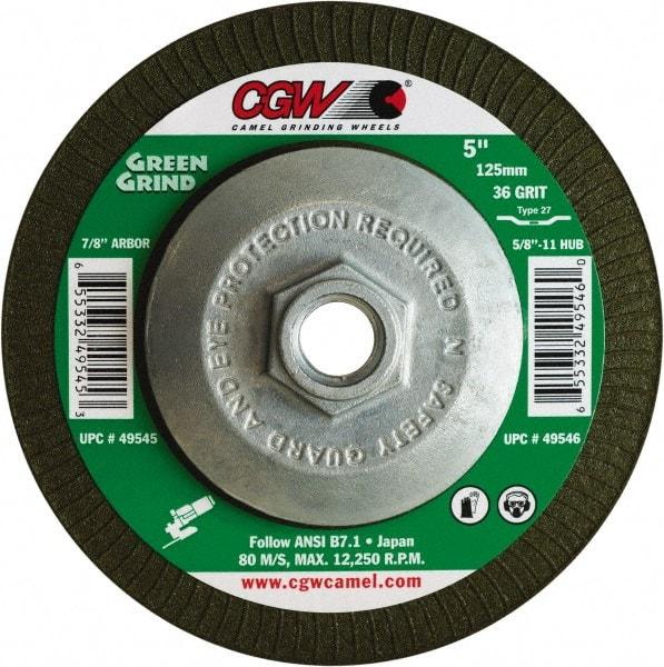 Camel Grinding Wheels - 36 Grit, 4-1/2" Wheel Diam, 5/32" Wheel Thickness, Type 27 Depressed Center Wheel - Medium Grade, Zirconia Alumina, Resinoid Bond, 13,300 Max RPM - USA Tool & Supply