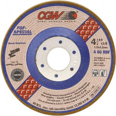 Camel Grinding Wheels - 60 Grit, 4-1/2" Wheel Diam, 1/8" Wheel Thickness, 7/8" Arbor Hole, Type 29 Depressed Center Wheel - Medium Grade, Aluminum Oxide, Resinoid Bond, 13,300 Max RPM - USA Tool & Supply