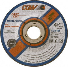 Camel Grinding Wheels - 24 Grit, 4-1/2" Wheel Diam, 1/4" Wheel Thickness, Type 27 Depressed Center Wheel - Coarse Grade, Aluminum Oxide, Resinoid Bond, 13,300 Max RPM - USA Tool & Supply