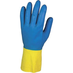 KleenGuard - Size L (9), 12" Long, 27.5 mil Thick, Supported, Latex/Neoprene Chemical Resistant Gloves - Textured Finish, Cotton Lined, Straight Cuff, Blue/Yellow, FDA Approved - USA Tool & Supply