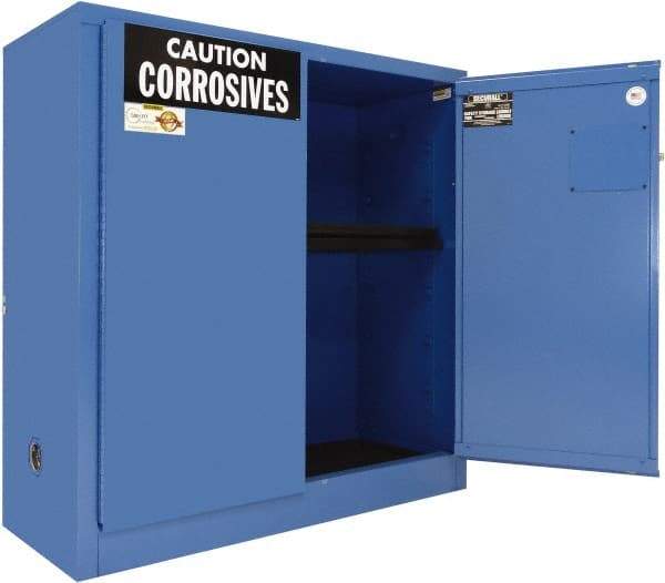 Securall Cabinets - 2 Door, 1 Shelf, Blue Steel Standard Safety Cabinet for Corrosive Chemicals - 44" High x 43" Wide x 18" Deep, Manual Closing Door, 3 Point Key Lock, 30 Gal Capacity - USA Tool & Supply