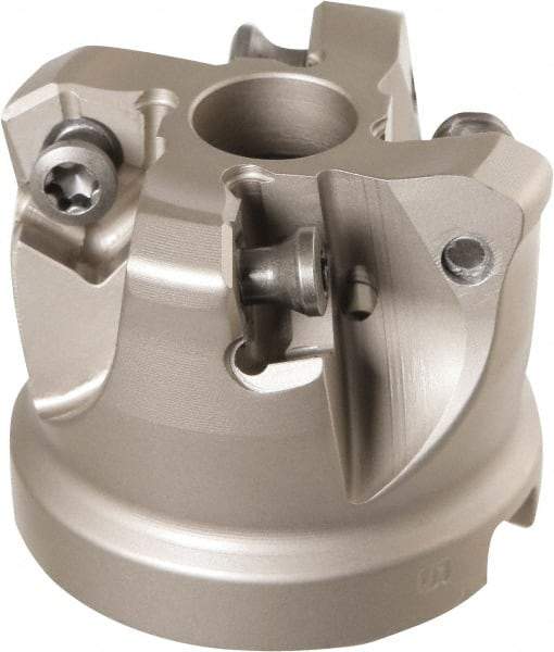 Iscar - 4 Inserts, 1.02" Cutter Diam, 0.106" Max Depth of Cut, Indexable High-Feed Face Mill - 1/2" Arbor Hole Diam, 1-1/4" High, MF FWX-07 Toolholder, H600 WXCU Inserts, Series Helido - USA Tool & Supply
