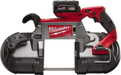 Milwaukee Tool - 18 Volt, 44-7/8" Blade, 380 SFPM Cordless Portable Bandsaw - 5" (Round) & 5 x 5" (Rectangle) Cutting Capacity, Lithium-Ion Battery Included - USA Tool & Supply