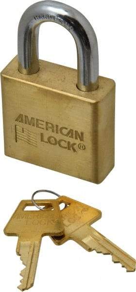 American Lock - 1-1/8" Shackle Clearance, Keyed Alike A5570 Padlock - 3/8" Shackle Diam, Steel & Brass, with Solid Extruded Brass Finish - USA Tool & Supply