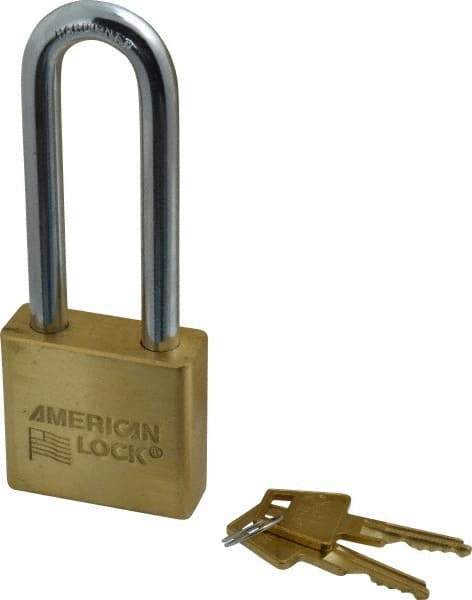 American Lock - 3" Shackle Clearance, Keyed Different A5572 Padlock - 3/8" Shackle Diam, Steel & Brass, with Solid Extruded Brass Finish - USA Tool & Supply