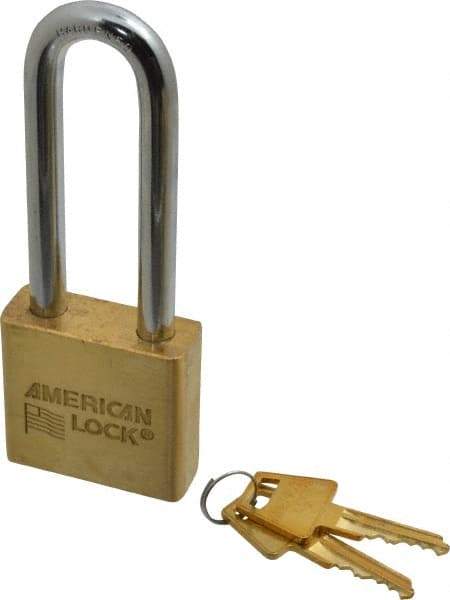 American Lock - 3" Shackle Clearance, Keyed Alike A5572 Padlock - 3/8" Shackle Diam, Steel & Brass, with Solid Extruded Brass Finish - USA Tool & Supply