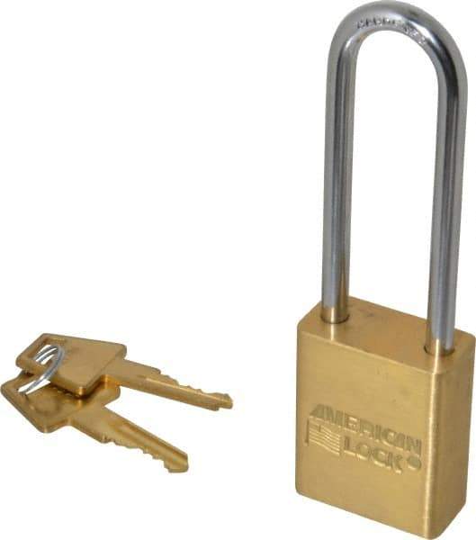 American Lock - 3" Shackle Clearance, Keyed Alike A5532 Padlock - 1/4" Shackle Diam, Steel & Brass, with Solid Extruded Brass Finish - USA Tool & Supply