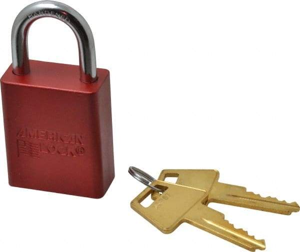 American Lock - Keyed Alike Conductive Lockout Padlock - 1" Shackle Clearance, 1/4" Shackle Diam, 1.8" Body Height x 1-1/2" Body Width, Red, 5 Pins - USA Tool & Supply