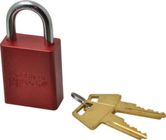 American Lock - Keyed Alike Conductive Lockout Padlock - 1" Shackle Clearance, 1/4" Shackle Diam, 1.8" Body Height x 1-1/2" Body Width, Red, 5 Pins - USA Tool & Supply