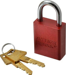 American Lock - Keyed Alike Conductive Lockout Padlock - 1" Shackle Clearance, 1/4" Shackle Diam, 1.8" Body Height x 1-1/2" Body Width, Red, 5 Pins - USA Tool & Supply