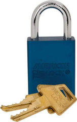 American Lock - Keyed Alike Conductive Lockout Padlock - 1" Shackle Clearance, 1/4" Shackle Diam, 1.8" Body Height x 1-1/2" Body Width, Blue, 5 Pins - USA Tool & Supply