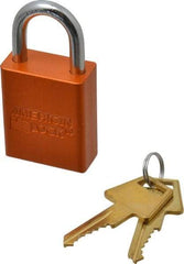 American Lock - Keyed Alike Conductive Lockout Padlock - 1" Shackle Clearance, 1/4" Shackle Diam, 1.8" Body Height x 1-1/2" Body Width, Orange, 5 Pins - USA Tool & Supply