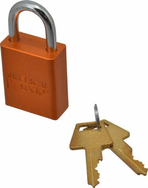 American Lock - Keyed Alike Conductive Lockout Padlock - 1" Shackle Clearance, 1/4" Shackle Diam, 1.8" Body Height x 1-1/2" Body Width, Orange, 5 Pins - USA Tool & Supply