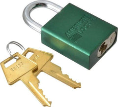 American Lock - Keyed Different Conductive Lockout Padlock - 1" Shackle Clearance, 1/4" Shackle Diam, 1.8" Body Height x 1-1/2" Body Width, Green, 5 Pins - USA Tool & Supply