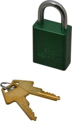 American Lock - Keyed Alike Conductive Lockout Padlock - 1" Shackle Clearance, 1/4" Shackle Diam, 1.8" Body Height x 1-1/2" Body Width, Green, 5 Pins - USA Tool & Supply