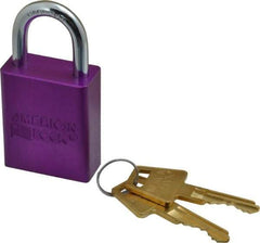 American Lock - Keyed Different Conductive Lockout Padlock - 1" Shackle Clearance, 1/4" Shackle Diam, 1.8" Body Height x 1-1/2" Body Width, Purple, 5 Pins - USA Tool & Supply