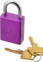 American Lock - Keyed Alike Conductive Lockout Padlock - 1" Shackle Clearance, 1/4" Shackle Diam, 1.8" Body Height x 1-1/2" Body Width, Purple, 5 Pins - USA Tool & Supply