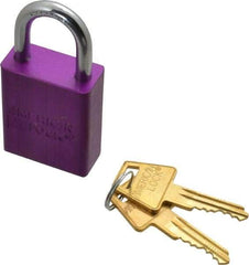 American Lock - Keyed Alike Conductive Lockout Padlock - 1" Shackle Clearance, 1/4" Shackle Diam, 1.8" Body Height x 1-1/2" Body Width, Purple, 5 Pins - USA Tool & Supply