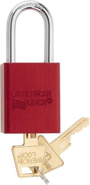 American Lock - Keyed Different Conductive Lockout Padlock - 1-1/2" Shackle Clearance, 1/4" Shackle Diam, 1.8" Body Height x 1-1/2" Body Width, Red, 5 Pins - USA Tool & Supply