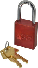 American Lock - Keyed Alike Retaining Key Conductive Lockout Padlock - 1-1/2" Shackle Clearance, 1/4" Shackle Diam, 1.8" Body Height x 1-1/2" Body Width, Red, 5 Pins - USA Tool & Supply