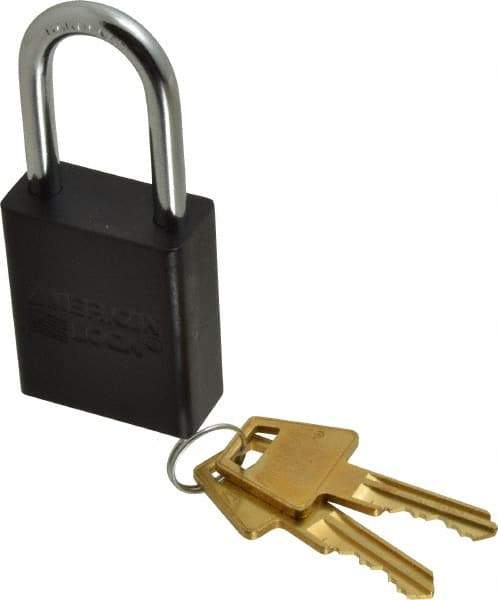 American Lock - Keyed Different Conductive Lockout Padlock - 1-1/2" Shackle Clearance, 1/4" Shackle Diam, 1.8" Body Height x 1-1/2" Body Width, Black, 5 Pins - USA Tool & Supply