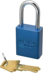 American Lock - Keyed Alike Conductive Lockout Padlock - 1-1/2" Shackle Clearance, 1/4" Shackle Diam, 1.8" Body Height x 1-1/2" Body Width, Blue, 5 Pins - USA Tool & Supply