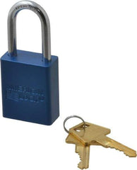 American Lock - Keyed Alike Conductive Lockout Padlock - 1-1/2" Shackle Clearance, 1/4" Shackle Diam, 1.8" Body Height x 1-1/2" Body Width, Blue, 5 Pins - USA Tool & Supply