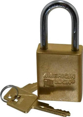 American Lock - Keyed Alike Conductive Lockout Padlock - 1-1/2" Shackle Clearance, 1/4" Shackle Diam, 1.8" Body Height x 1-1/2" Body Width, Yellow, 5 Pins - USA Tool & Supply