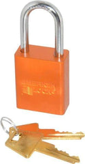 American Lock - Keyed Alike Conductive Lockout Padlock - 1-1/2" Shackle Clearance, 1/4" Shackle Diam, 1.8" Body Height x 1-1/2" Body Width, Orange, 5 Pins - USA Tool & Supply