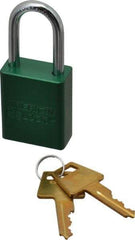 American Lock - Keyed Alike Conductive Lockout Padlock - 1-1/2" Shackle Clearance, 1/4" Shackle Diam, 1.8" Body Height x 1-1/2" Body Width, Green, 5 Pins - USA Tool & Supply