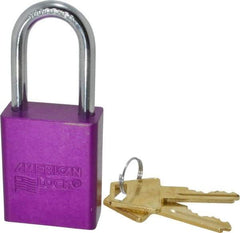 American Lock - Keyed Alike Conductive Lockout Padlock - 1-1/2" Shackle Clearance, 1/4" Shackle Diam, 1.8" Body Height x 1-1/2" Body Width, Purple, 5 Pins - USA Tool & Supply