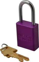 American Lock - Keyed Alike Conductive Lockout Padlock - 1-1/2" Shackle Clearance, 1/4" Shackle Diam, 1.8" Body Height x 1-1/2" Body Width, Purple, 5 Pins - USA Tool & Supply