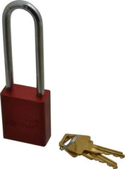 American Lock - Keyed Alike Conductive Lockout Padlock - 3" Shackle Clearance, 1/4" Shackle Diam, 1.8" Body Height x 1-1/2" Body Width, Red, 5 Pins - USA Tool & Supply