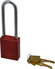 American Lock - Keyed Alike Conductive Lockout Padlock - 3" Shackle Clearance, 1/4" Shackle Diam, 1.8" Body Height x 1-1/2" Body Width, Red, 5 Pins - USA Tool & Supply