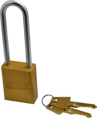 American Lock - Keyed Alike Conductive Lockout Padlock - 3" Shackle Clearance, 1/4" Shackle Diam, 1.8" Body Height x 1-1/2" Body Width, Yellow, 5 Pins - USA Tool & Supply