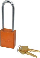 American Lock - Keyed Alike Conductive Lockout Padlock - 3" Shackle Clearance, 1/4" Shackle Diam, 1.8" Body Height x 1-1/2" Body Width, Orange, 5 Pins - USA Tool & Supply