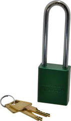 American Lock - Keyed Different Conductive Lockout Padlock - 3" Shackle Clearance, 1/4" Shackle Diam, 1.8" Body Height x 1-1/2" Body Width, Green, 5 Pins - USA Tool & Supply