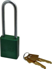 American Lock - Keyed Alike Conductive Lockout Padlock - 3" Shackle Clearance, 1/4" Shackle Diam, 1.8" Body Height x 1-1/2" Body Width, Green, 5 Pins - USA Tool & Supply
