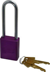 American Lock - Keyed Alike Conductive Lockout Padlock - 3" Shackle Clearance, 1/4" Shackle Diam, 1.8" Body Height x 1-1/2" Body Width, Purple, 5 Pins - USA Tool & Supply