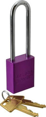 American Lock - Keyed Alike Conductive Lockout Padlock - 3" Shackle Clearance, 1/4" Shackle Diam, 1.8" Body Height x 1-1/2" Body Width, Purple, 5 Pins - USA Tool & Supply