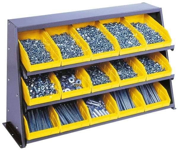 Quantum Storage - 240 Lb Capacity, 12" Deep x 36" Wide x 21" High, Steel Bench Rack - 1 Side, 15 Yellow Polyethylene/Polypropylene Bins - USA Tool & Supply
