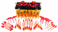 66 Piece - Insulated Tool Set with Pliers; Cutters; Nut Drivers; Screwdrivers; T Handles; Knife; Sockets & 3/8" Drive Ratchet w/Extension; Adjustable Wrench - USA Tool & Supply