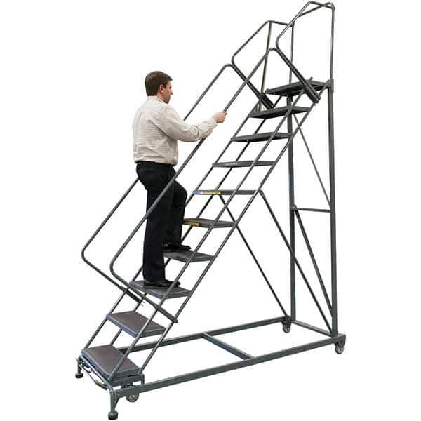 Ballymore - 123" 9 Step Stairway Slope Ladder - 50° Incline, 600 Lb Capacity, 90" Platform Height, 32" Base Width x 82" Base Depth, Expanded Metal Tread - USA Tool & Supply