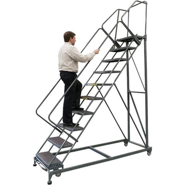 Ballymore - 123" 9 Step Stairway Slope Ladder - 50° Incline, 600 Lb Capacity, 90" Platform Height, 32" Base Width x 82" Base Depth, Perforated Tread - USA Tool & Supply