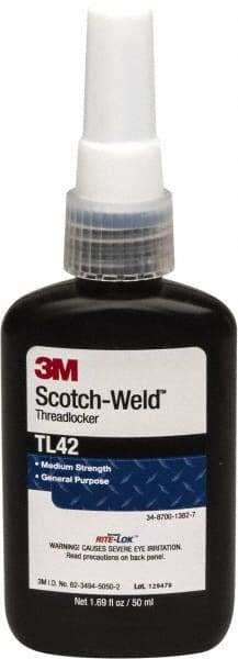 3M - 50 mL Bottle, Blue, Medium Strength Liquid Threadlocker - Series TL42, 24 hr Full Cure Time, Hand Tool Removal - USA Tool & Supply