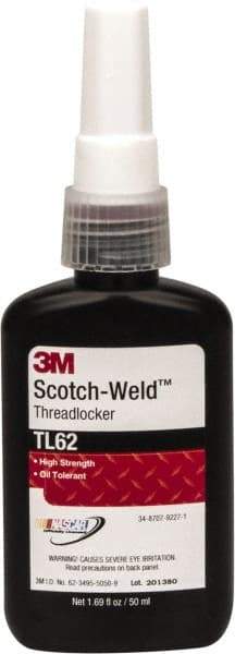 3M - 50 mL Bottle, Red, Medium Strength Liquid Threadlocker - Series TL62, 24 hr Full Cure Time, Hand Tool, Heat Removal - USA Tool & Supply